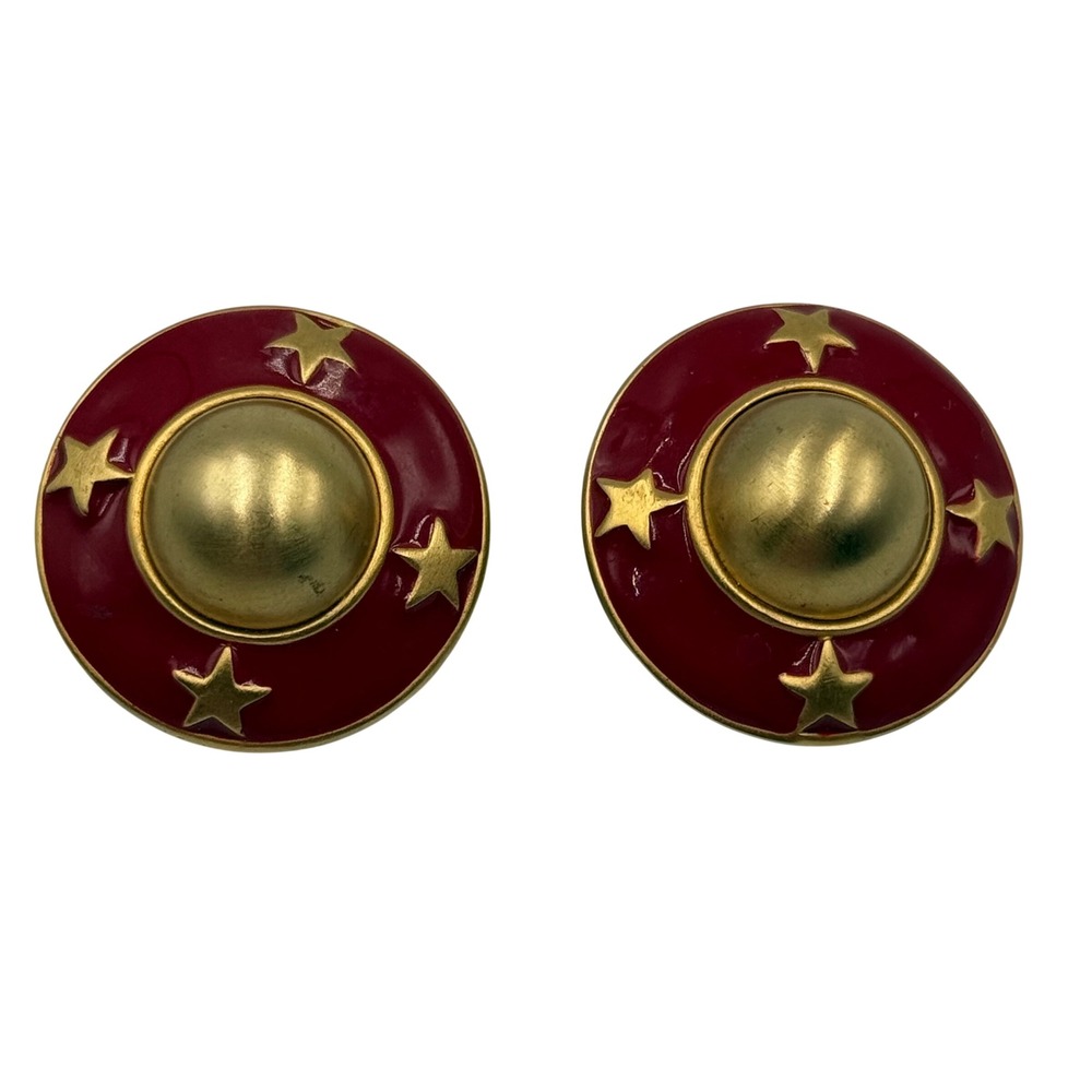VTG Signed Ann Taylor‎ Red Gold Stars Americana ClipOn Earrings 80s Nautical